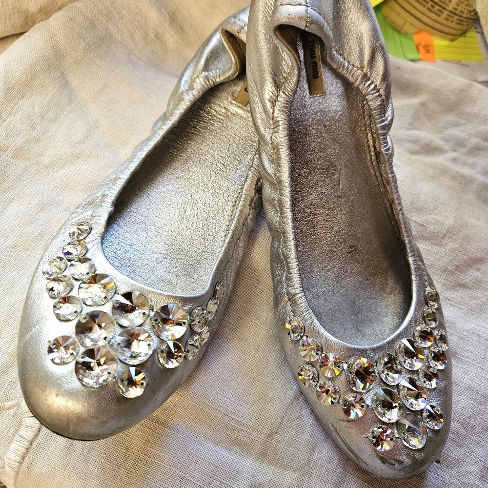 Miu Miu silver ballet flat prism crystal embellished, elastic heel Italy sz 38.5